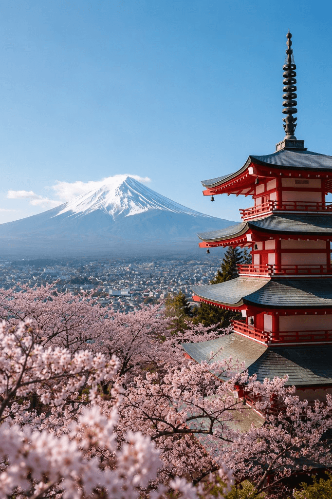 Mount Fuji, Chureito Pagoda, and cherry blossoms — Japan